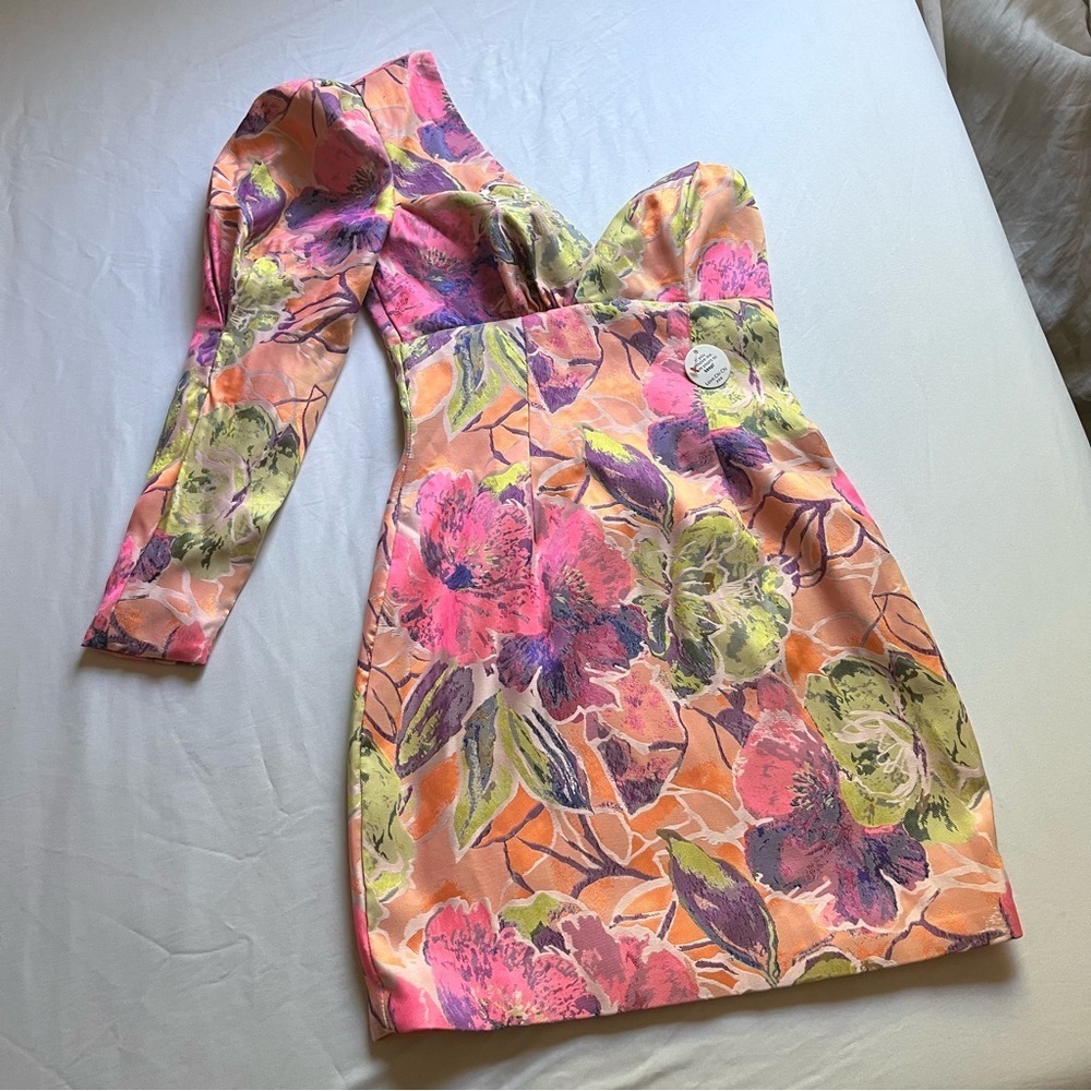 Chi Chi London Floral One-Shoulder Mini Dress - Pink, Green, Orange
